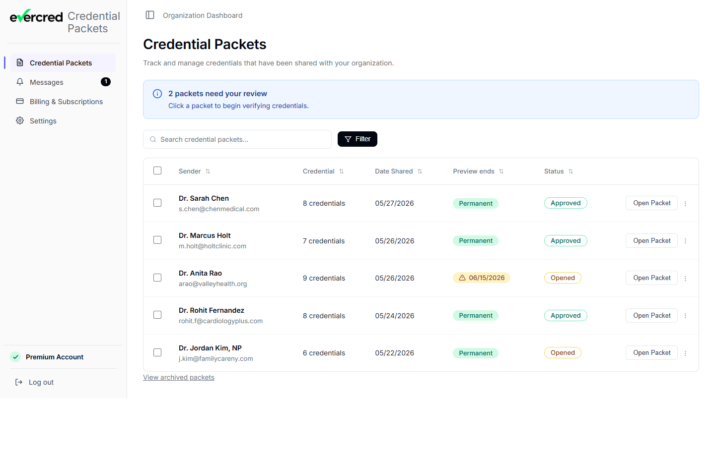 Evercred organization verification queue: 5 incoming credential packets with sender, credential count, date shared, preview window, and status.