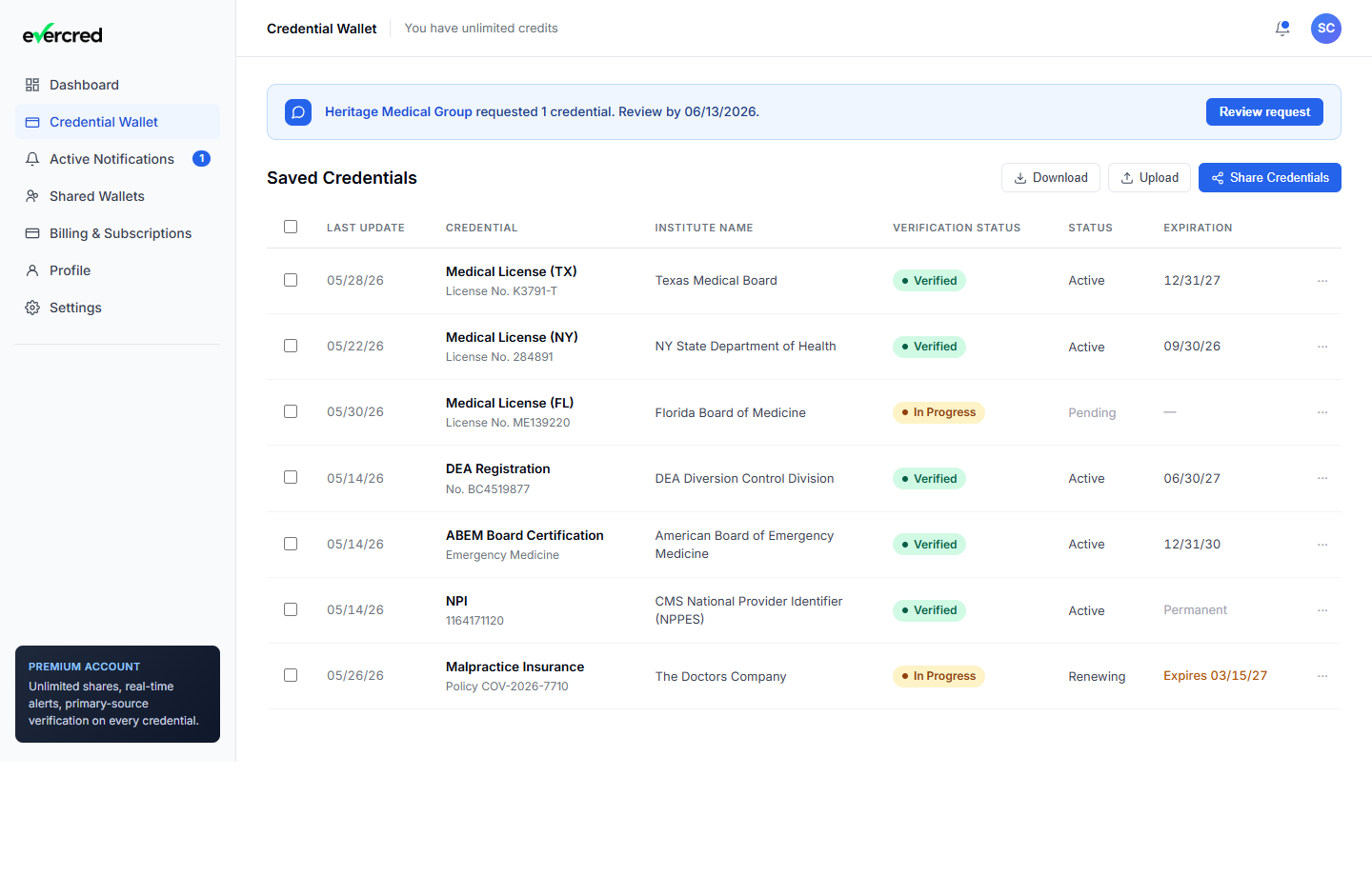 Evercred practitioner wallet: 7 credentials with last-update timestamps, verification status, and expiration dates.